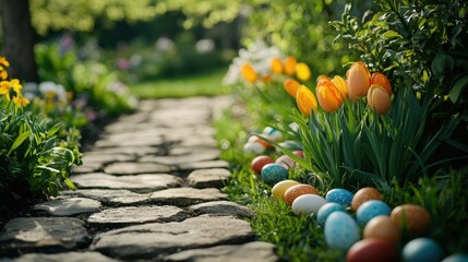 Colorful Easter eggs and blooming tulips decorate a sunlit garden path, creating a festive spring atmosphere.
