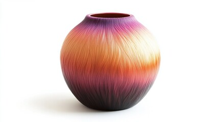 A smooth round vase coated with colourful fur on white bakcground