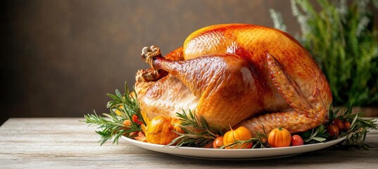 A golden roasted turkey garnished with herbs and mini pumpkins on a white platter, perfect for a holiday feast.