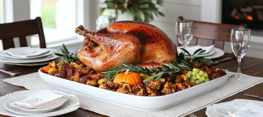 A roasted turkey centerpiece is surrounded by stuffing and garnishes on a festive dining table set for a meal.
