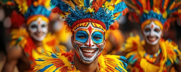 Vibrant performers in colorful feathered costumes and face paint smile during a lively cultural festival.
