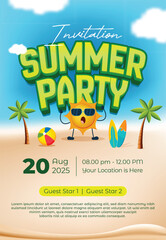 Summer party poster with sun character