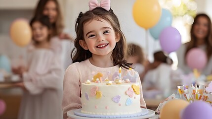 Smiling girl with birthday cake decorated with pastel unicorns a