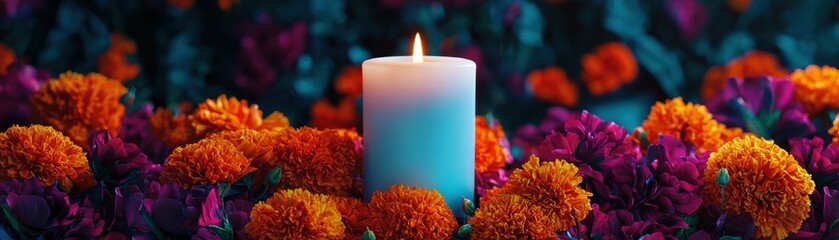 A white candle is surrounded by vibrant orange and purple marigold flowers, glowing softly in a dim, atmospheric setting.