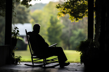 Silhouette of a man sitting in a rocking chair on a porch