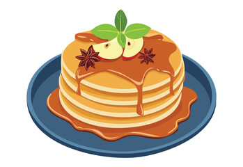 pancakes topped with syrup and apple cinnamon on a plate - vector illustration