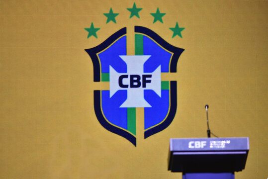 CBF - The Brazilian Football Confederation is the highest football authority in Brazil. Image of the empty pulpit and large Logo in the background. Rio de Janeiro, Brazil: 05.28.2025.