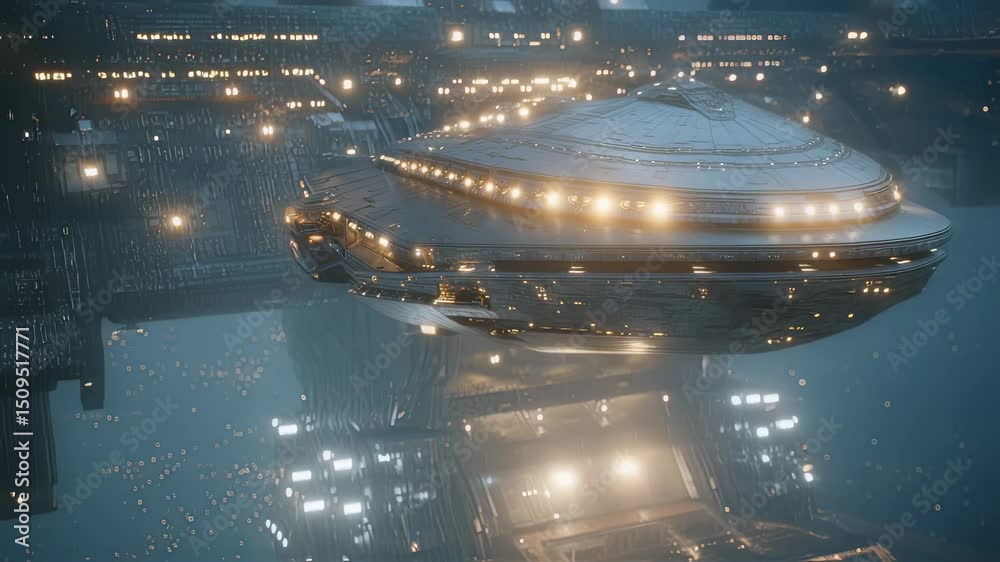 Aufkleber illuminated spaceship floating above a futuristic city with bright lights, creating a captivating sc