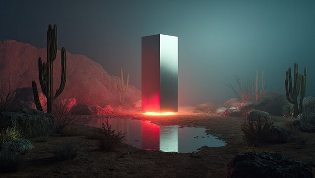 A metallic monolith stands in a hazy desert landscape, illuminated from below with red light, reflecting in a small pool of water.  Cacti and sparse vegetation surround it