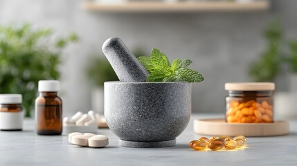 Stone Mortar with Mint and Assorted Supplements