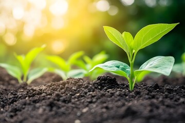 Young Green Plants Growing in Soil, Sunlight