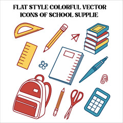 Flat Style Colorful School Supplies Vector Icons Set.