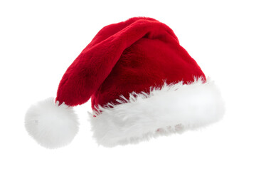 Plush Red Santa Hat with White Fur Trim and Pom Pom on Black for Christmas Holiday Decor and Seasonal Illustrations