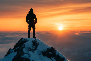 Man standing on a snowy mountain peak silhouette