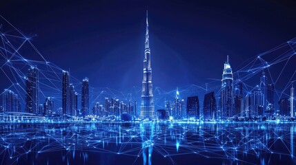Fototapeta premium Futuristic cityscape at night, interconnected by a network of lines.