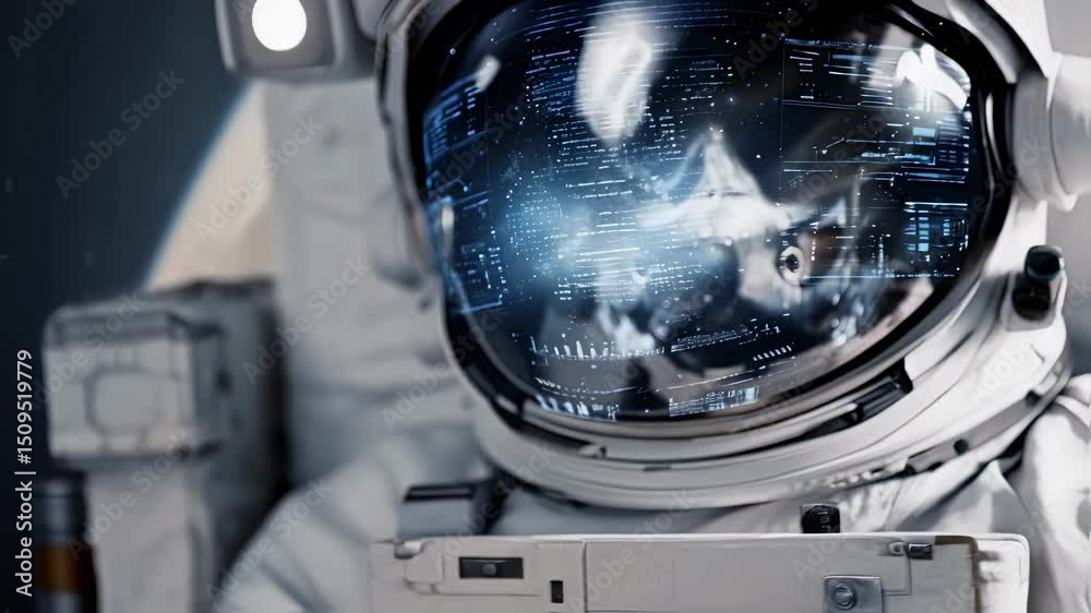 Poster futuristic astronaut wearing spacesuit and helmet with holographic head up display interface analyzi