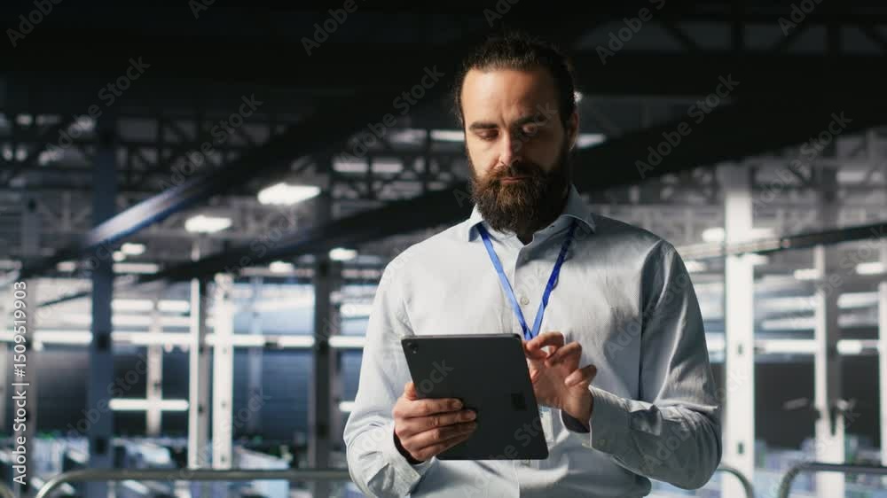 Poster technicians on data center platform using devices to monitor neural network llm visualization. indus