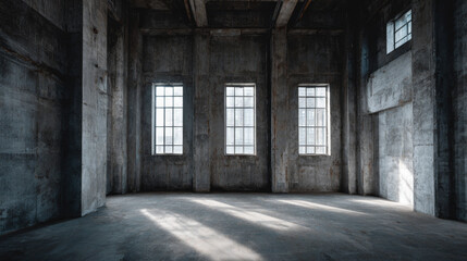 Spacious industrial interior featuring concrete walls and large windows that allow natural light to illuminate room. atmosphere is calm and minimalistic, perfect for creative projects