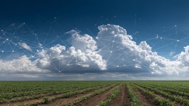 Cloud connectivity in agriculture open field digital data visualization rural landscape aerial perspective innovation