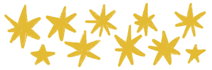 Stars set. Chalk texture kids freehand drawing shine twinkle. Crayon hand drawn brush stroke scribble spark. Pastel pencil childish school doodle collection. Sketch vector illustration isolated