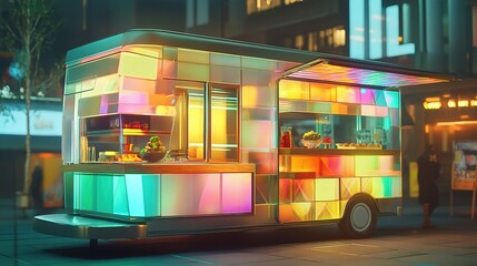 Food truck with walls made of transparent glass