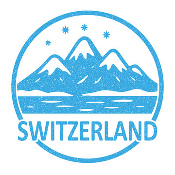 Switzerland stamp featuring snowy mountains in winter illustration on transparent background, vector light blue