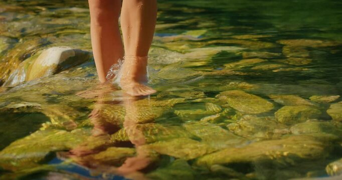 Bare legs walk through shallow clear stream over green mossy stones Cetina river