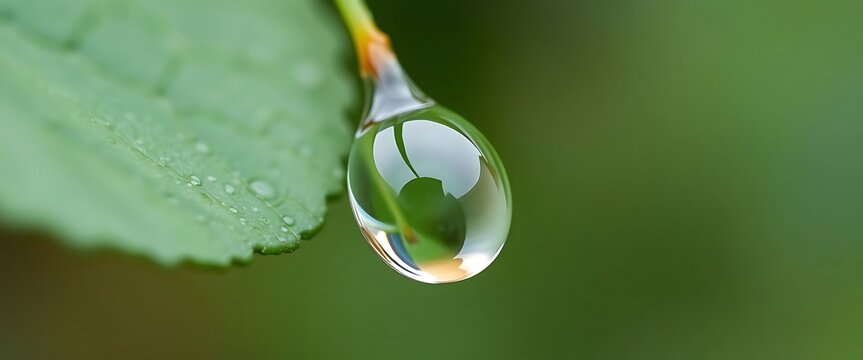 drop of water hanging from a green leaf