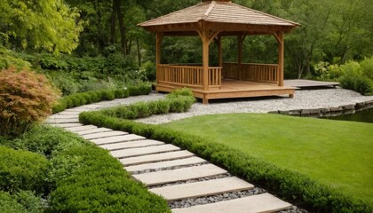 Modern Wooden Garden Pavilion Near Pond with Stone Path. 3