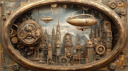 Steampunk cityscape with airships floating
