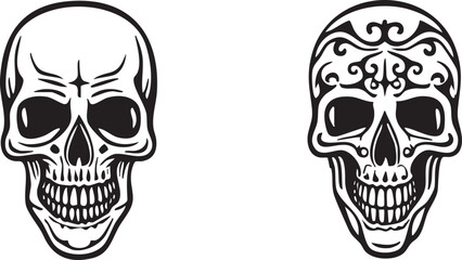 Fototapeta premium Two stylized black and white skulls display intricate decorative .