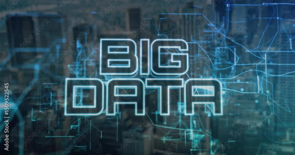Poster flickering neon circuit lines forming big data letters pulsing over skyline showing data flow