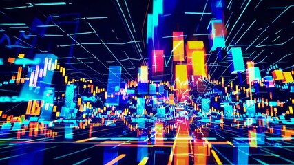 Vibrant neon cityscape transformation with pulsating lights and dynamic motion