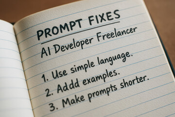 Prompt fixes with AI developer freelancer tips written on notebook page for clear communication and effective prompt creation