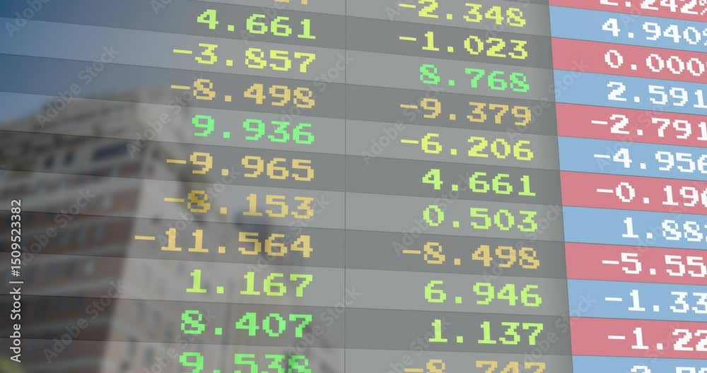 Poster on start digital ticker updating colored values scrolling upward over building showing data loop