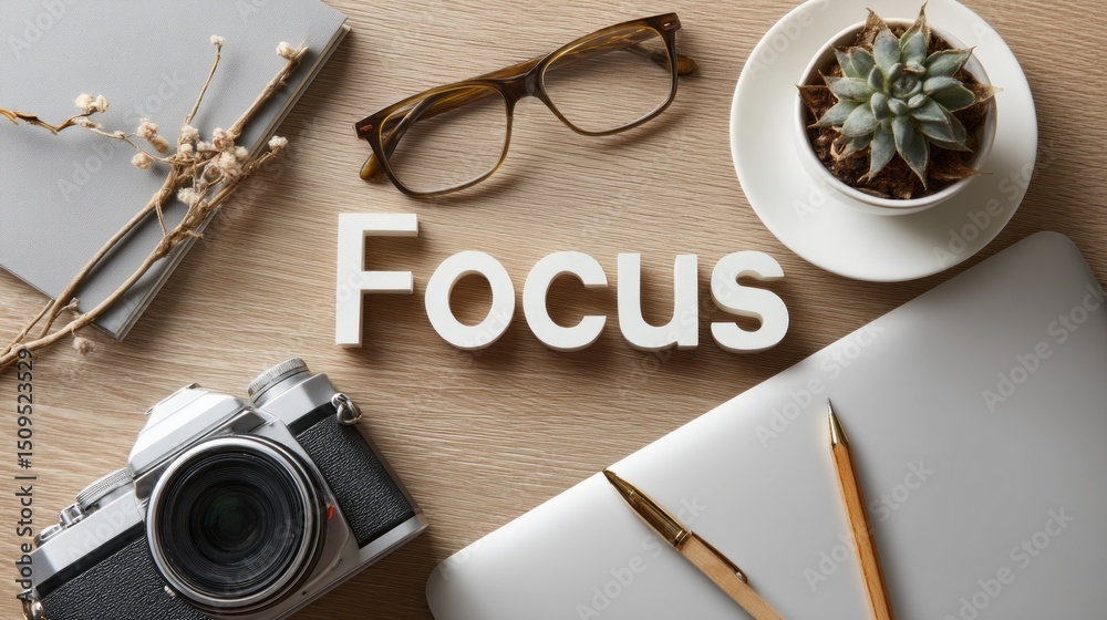 Poster top-down view of a workspace designed to enhance focus. it includes a camera, glasses, a succulent p