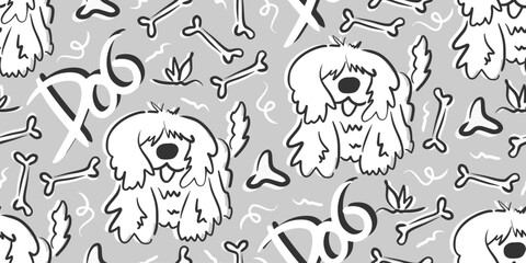 Vector pattern with cute poodle on pastel gray. Cute dog pattern. White dog seamless pattern for textile