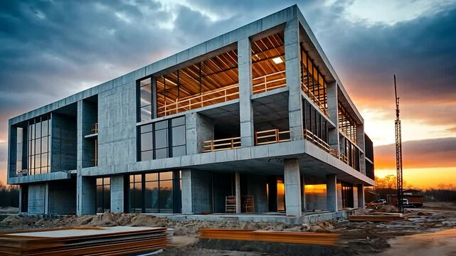 Modern office building under construction at sunset, cranes visible, site work in progress