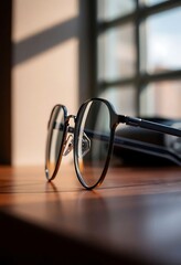 pair of glasses sitting on top of a wooden table