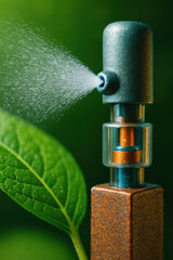 Bio inspired spray nozzle demonstrates engineering innovation by efficiently dispersing liquid mist near green leaf in natural light