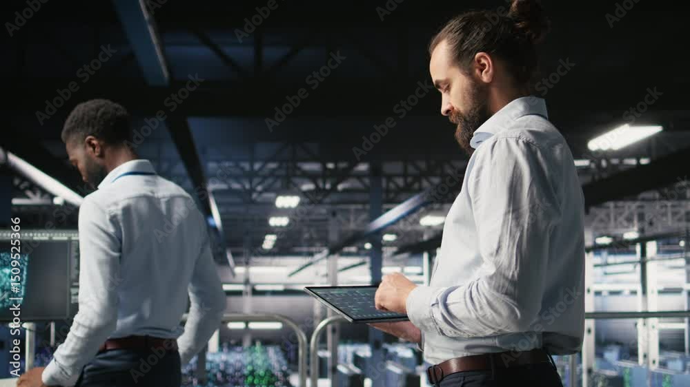 Poster programmers on data center industrial platform checking code on tablet, doing software updates. serv
