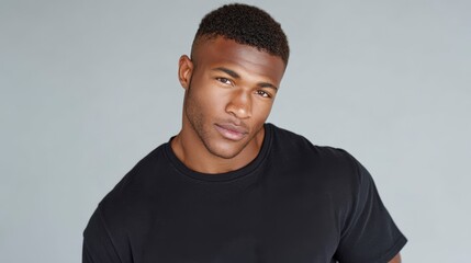 Confident Young Man  Portrait  Black T Shirt  Studio Shot  Serious Expression  Attractive