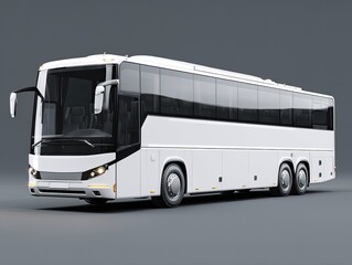 A sleek, white coach bus is presented in a three-quarter view against a neutral gray backdrop, showcasing its modern design and ample window space