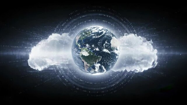 Earth enclosed by luminous clouds in digital space