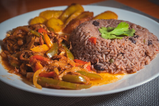 Arroz Congri, Ropa Vieja, and Fried Plantains, Delicious Colorful Cuban Dish