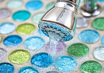 Water flowing from faucet into colorful mosaic sink
