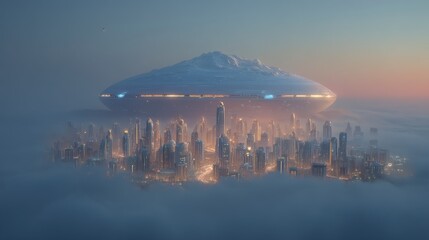 Futuristic Cityscape Airship over Misty Metropolis at Dawn