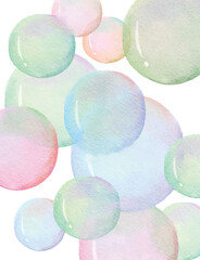Multicolored soap bubbles watercolor background. Hand drawn colorful soap circle drawing 
