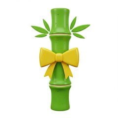 vibrant green bamboo stalk,adorned with leaves and wrapped cheerful yellow ribbon,stands prominently against clean white background.3d-style imitation.