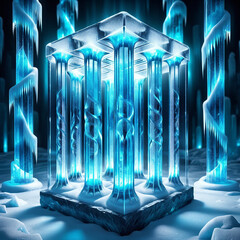 Frozen ice structure with glowing blue lights surrounded by icy pillars in a mystical snowy landscape under a starry night sky with an ethereal atmosphere.